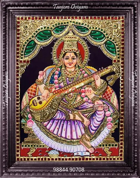 Saraswathi Tanjore Oviyam with veena rich gold foil traditional South Indian Saraswati artwork